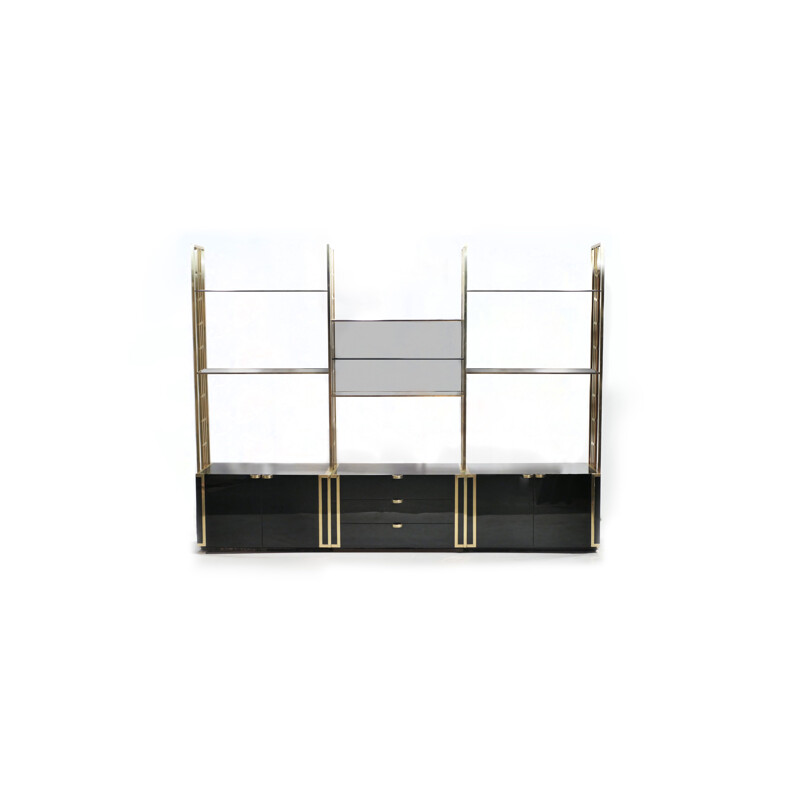 Vintage bookcase in black lacquer, brass and glass by Kim Moltzer, 1970