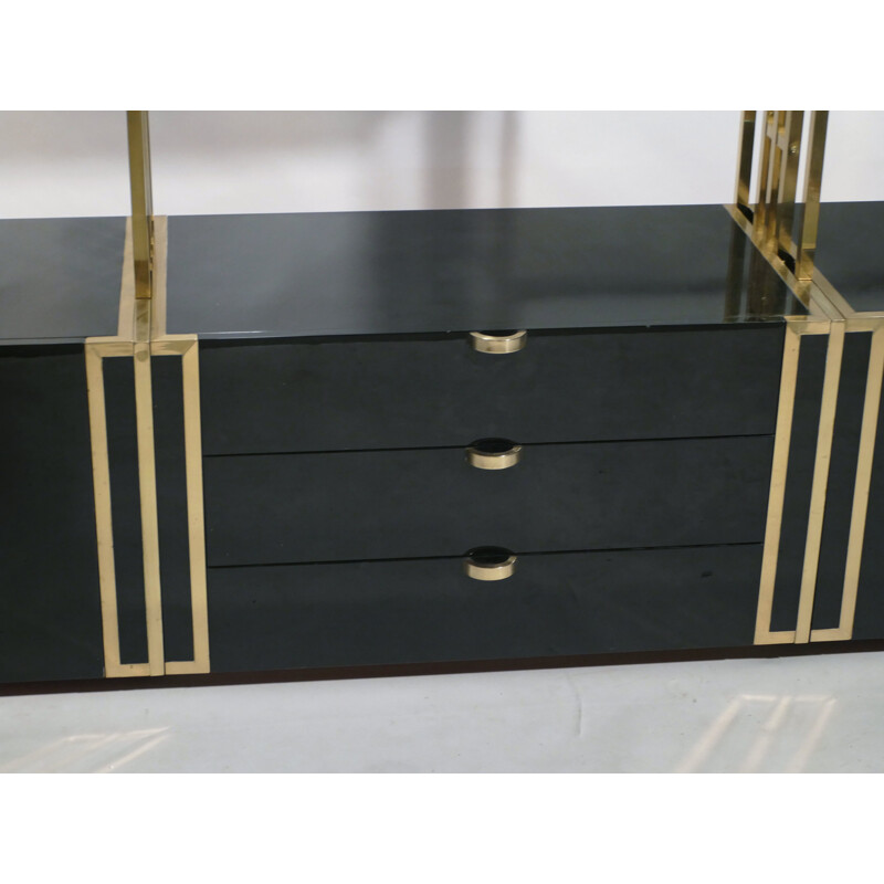Vintage bookcase in black lacquer, brass and glass by Kim Moltzer, 1970
