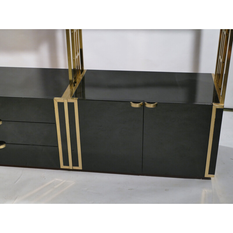 Vintage bookcase in black lacquer, brass and glass by Kim Moltzer, 1970