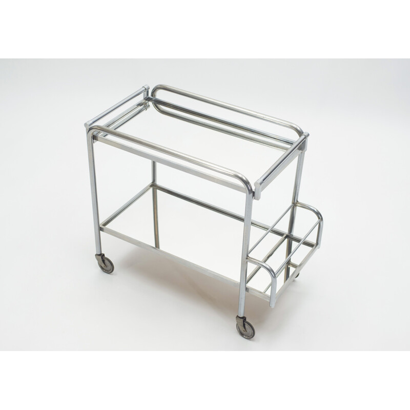 Vintage rolling dessert trolley mirror steel by Jacques Adnet for La Compagnie des Arts Français 1930