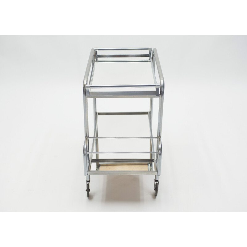 Vintage rolling dessert trolley mirror steel by Jacques Adnet for La Compagnie des Arts Français 1930