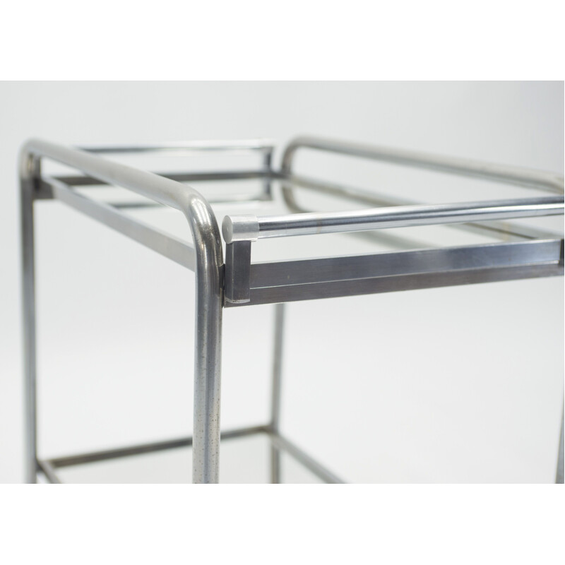 Vintage rolling dessert trolley mirror steel by Jacques Adnet for La Compagnie des Arts Français 1930