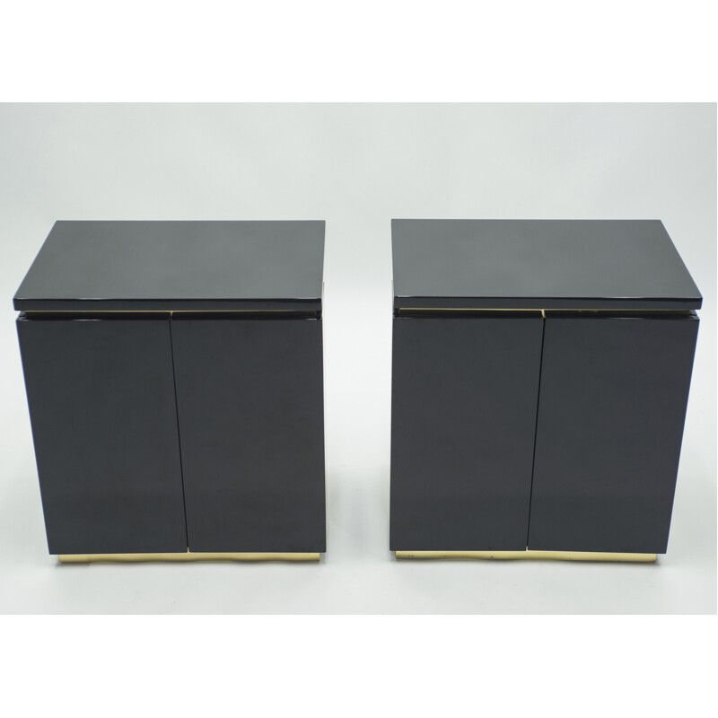 Pair of vintage chest of drawers in black lacquer and brass by J.C. Mahey for Maison Romeo, 1970