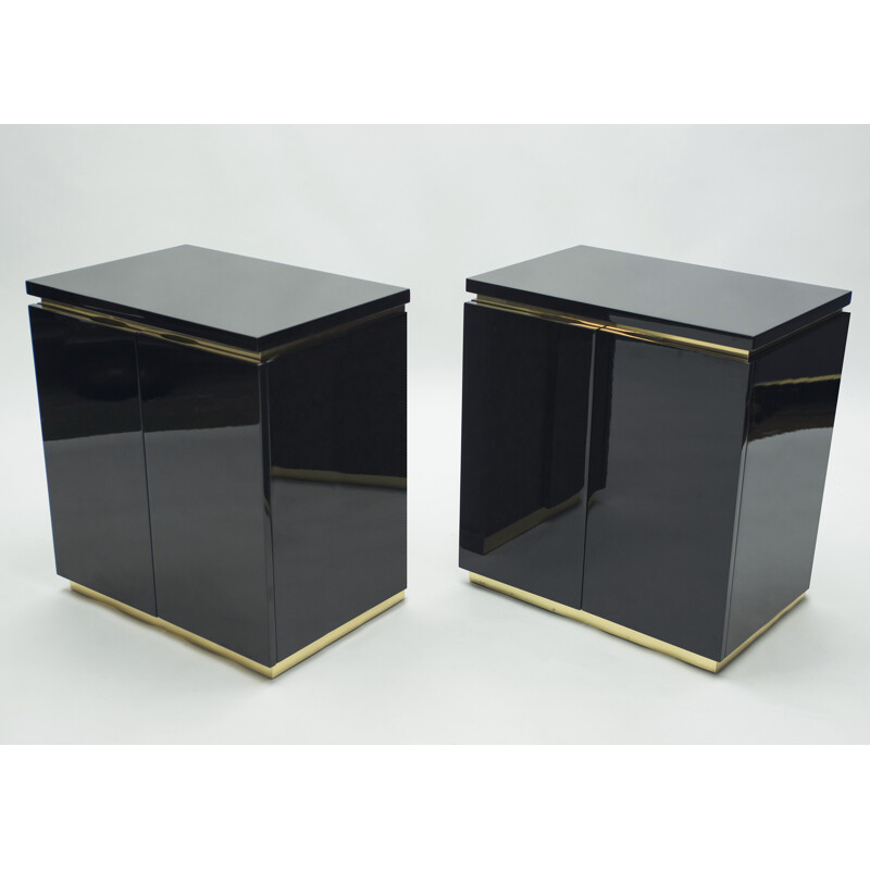 Pair of vintage chest of drawers in black lacquer and brass by J.C. Mahey for Maison Romeo, 1970