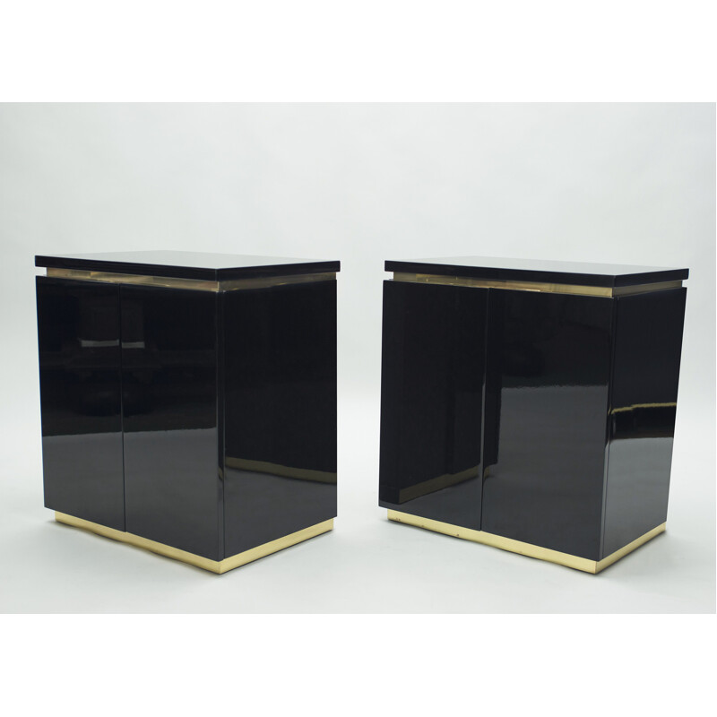 Pair of vintage chest of drawers in black lacquer and brass by J.C. Mahey for Maison Romeo, 1970