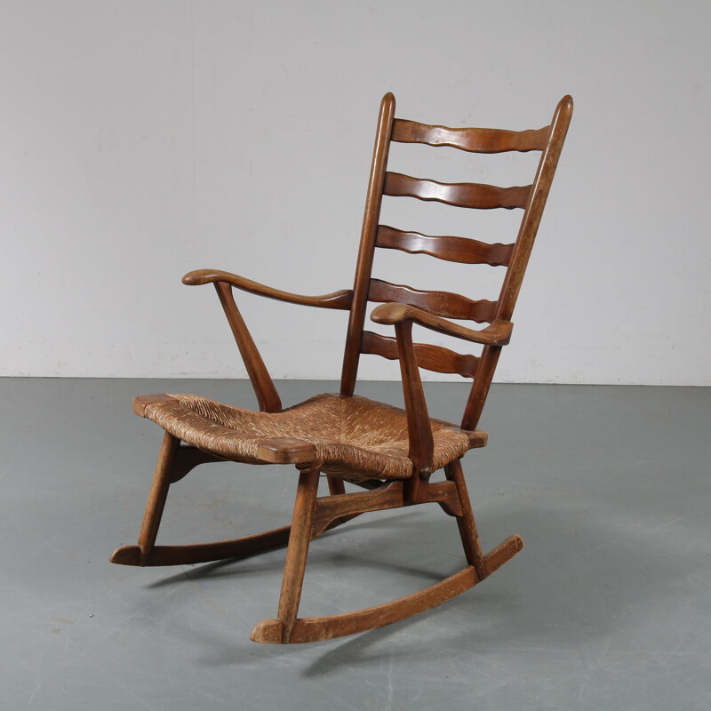 Chaise à bascule vintage en bois par De Ster Gelderland, Pays-Bas des années 1950