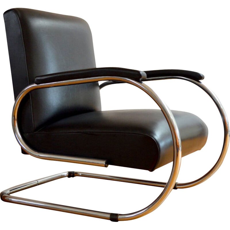 Vilvoure vintage armchair for Tubax in black leatherette and metal 1950