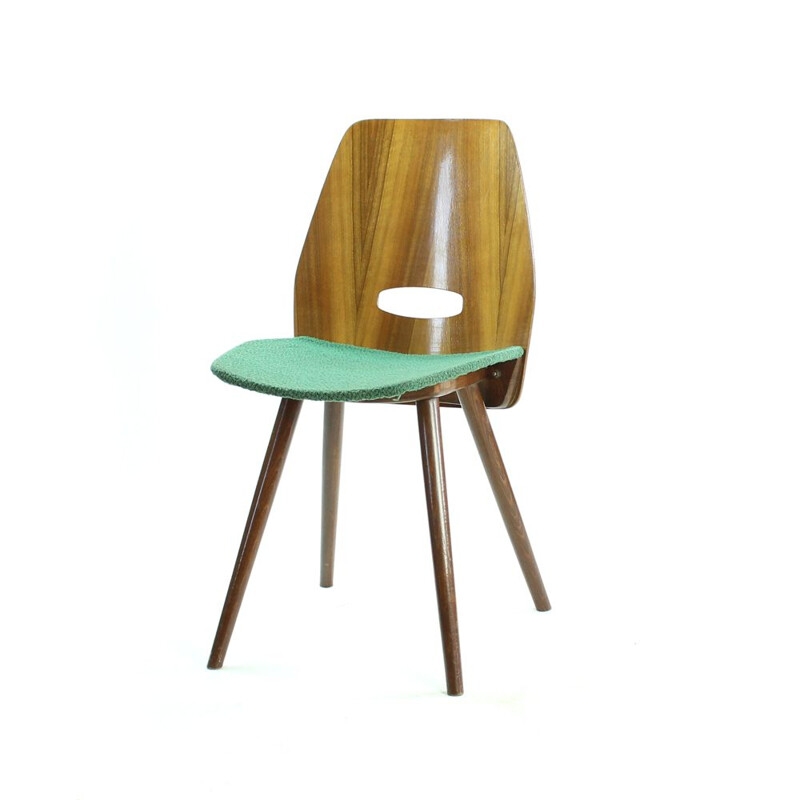 Vintage Lollipop chair for Tatra in green fabric and oak 1960s