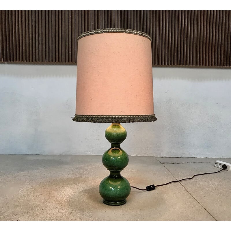 Vintage german table lamp for Kaiser Leuchten in green ceramics and fabric 1960s