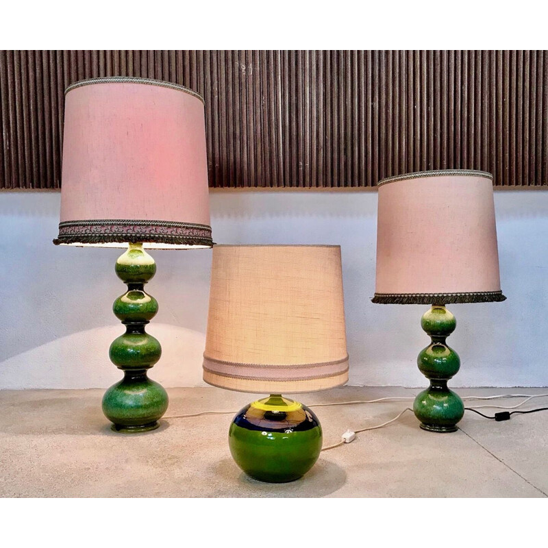 Vintage german table lamp for Kaiser Leuchten in green ceramics and fabric 1960s