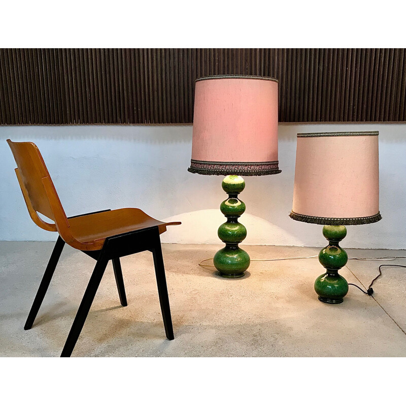 Lampe de table vintage allemande pour Kaiser Leuchten en céramique verte et tissu 1960