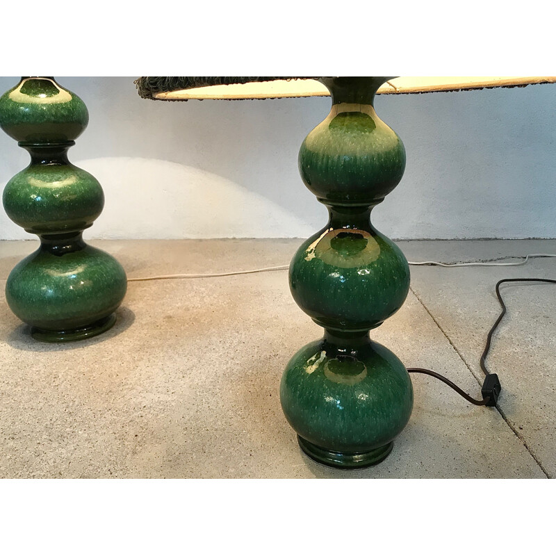 Vintage german table lamp for Kaiser Leuchten in green ceramics and fabric 1960s