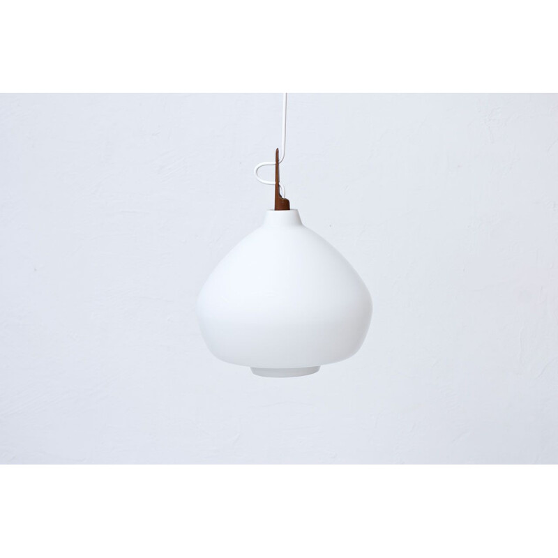 Vintage pendant lamp for Hans-Agne Jakobsson in opaline glass and teak 1950s