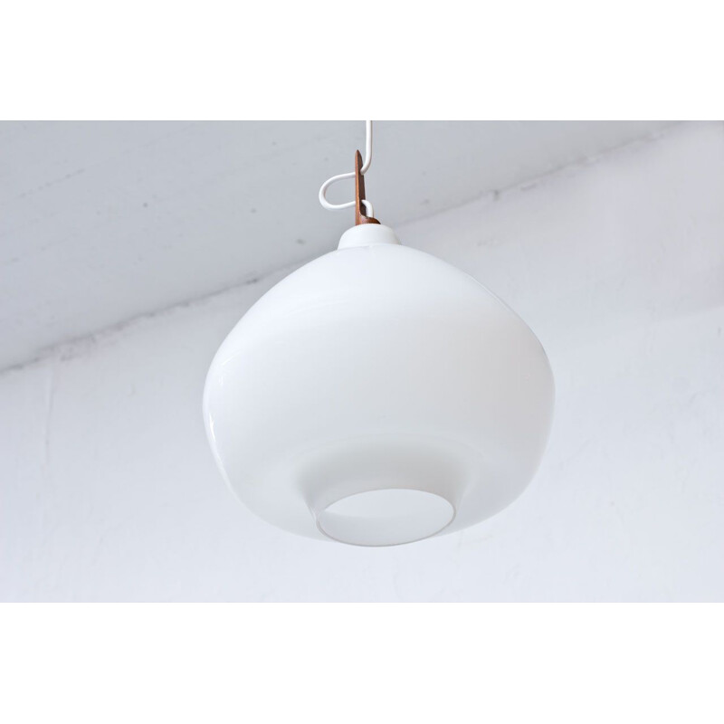 Vintage pendant lamp for Hans-Agne Jakobsson in opaline glass and teak 1950s