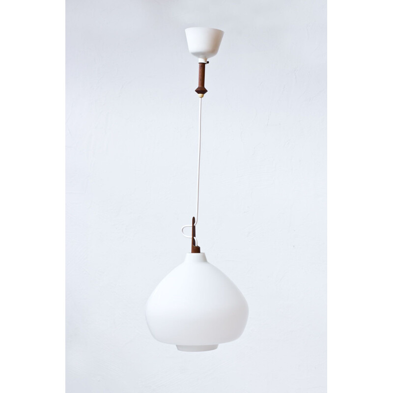 Vintage pendant lamp for Hans-Agne Jakobsson in opaline glass and teak 1950s