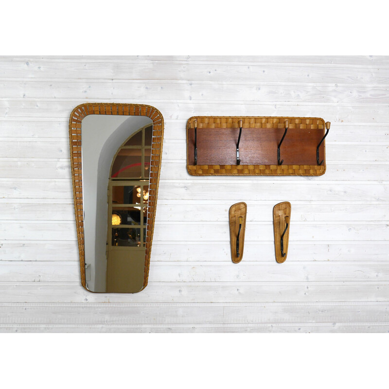 Vintage wardrobe set mirror, coat rack and coat hooks, Germany, 1950s