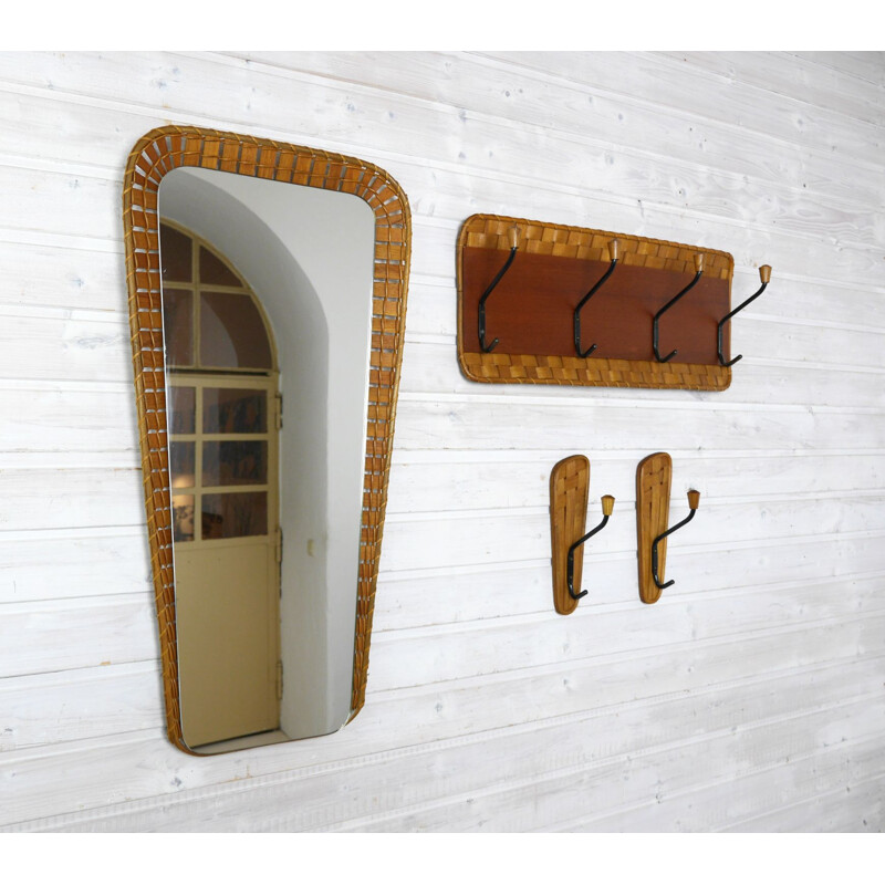 Vintage wardrobe set mirror, coat rack and coat hooks, Germany, 1950s