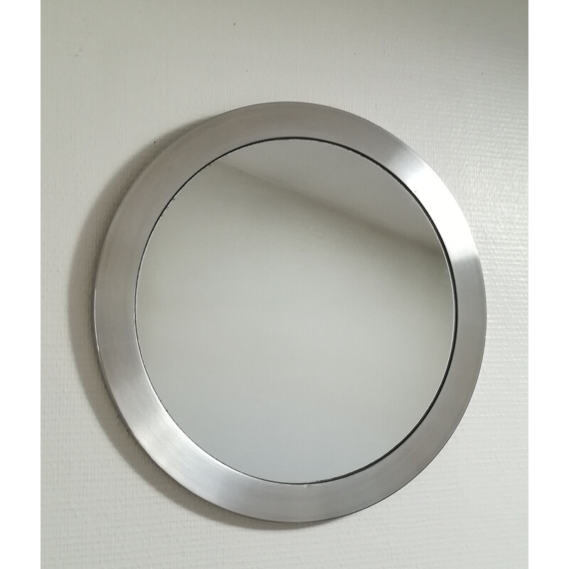 Miroir rond vintage en aluminium brossé, 1970