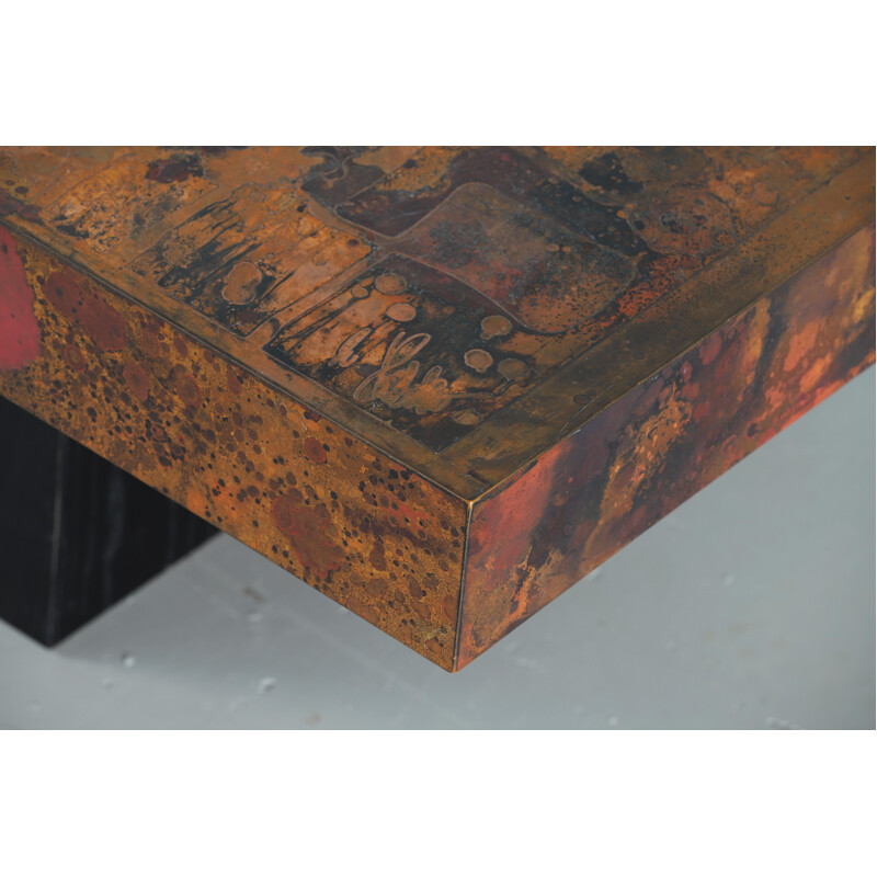 Vintage coffee table by Bernhard Rohne oxidized and etched copper 1966