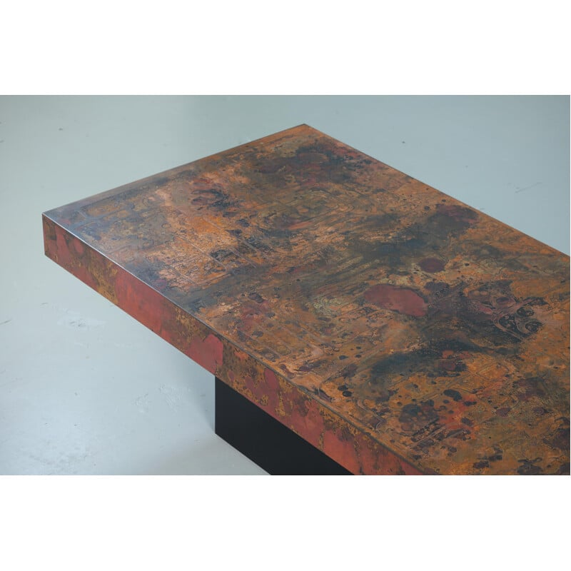 Vintage coffee table by Bernhard Rohne oxidized and etched copper 1966