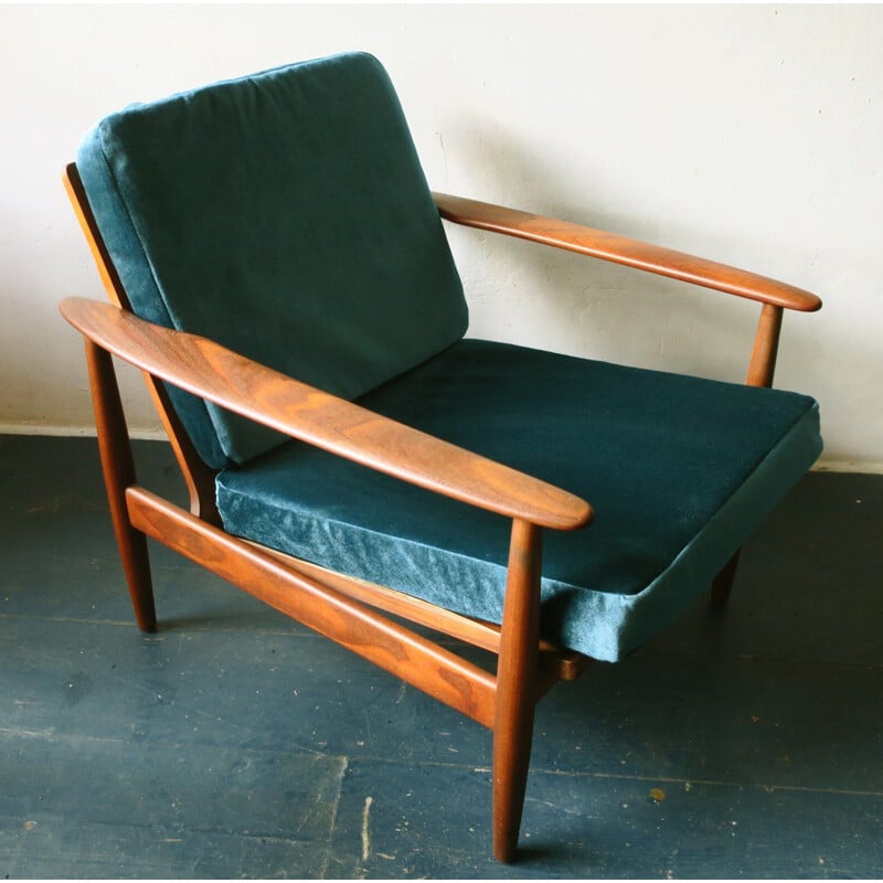 Fauteuil lounge vintage velours turquoise Danemark 1960s