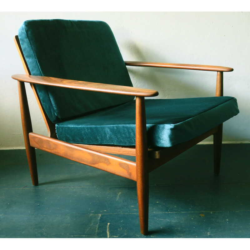 Vintage lounge chair turquoise velvet Denmark 1960s