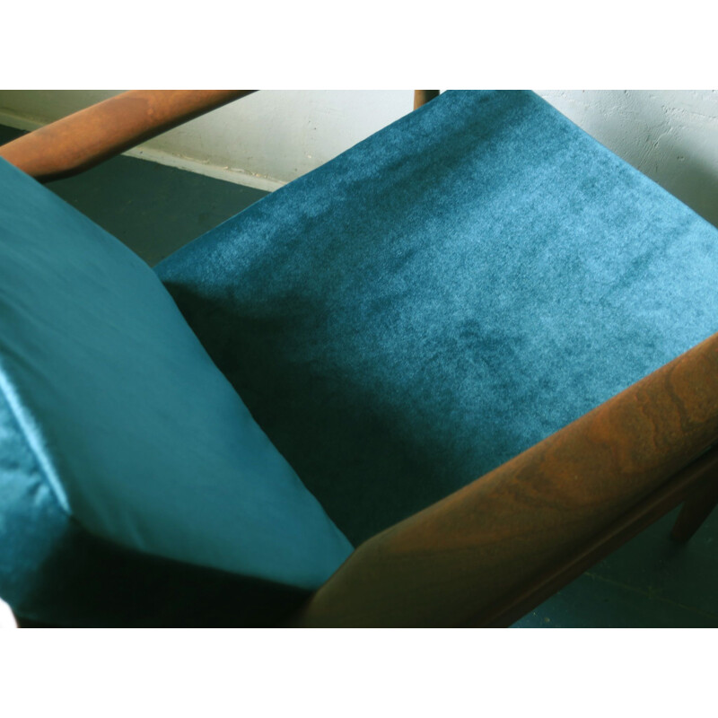 Fauteuil lounge vintage velours turquoise Danemark 1960s