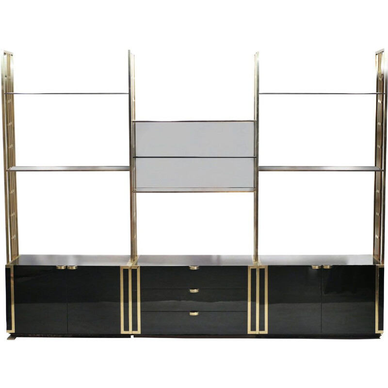 Vintage bookcase in black lacquer, brass and glass by Kim Moltzer, 1970
