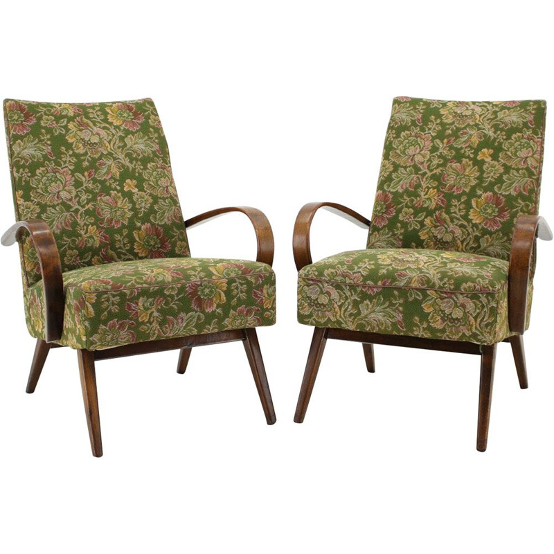 Pair of green armchairs in beechwood by Thon