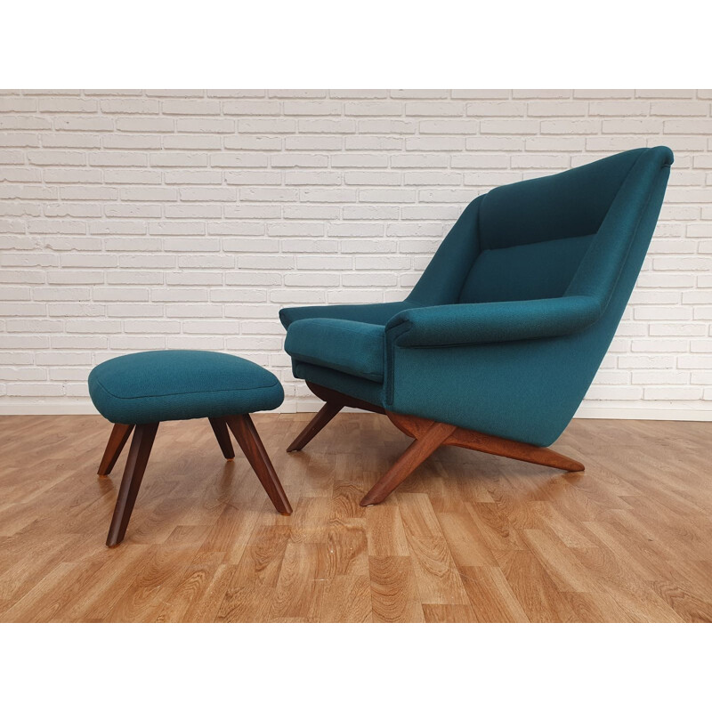 Vintage danish armchair and footstool for MN Horsens in green wool and teak 1970s