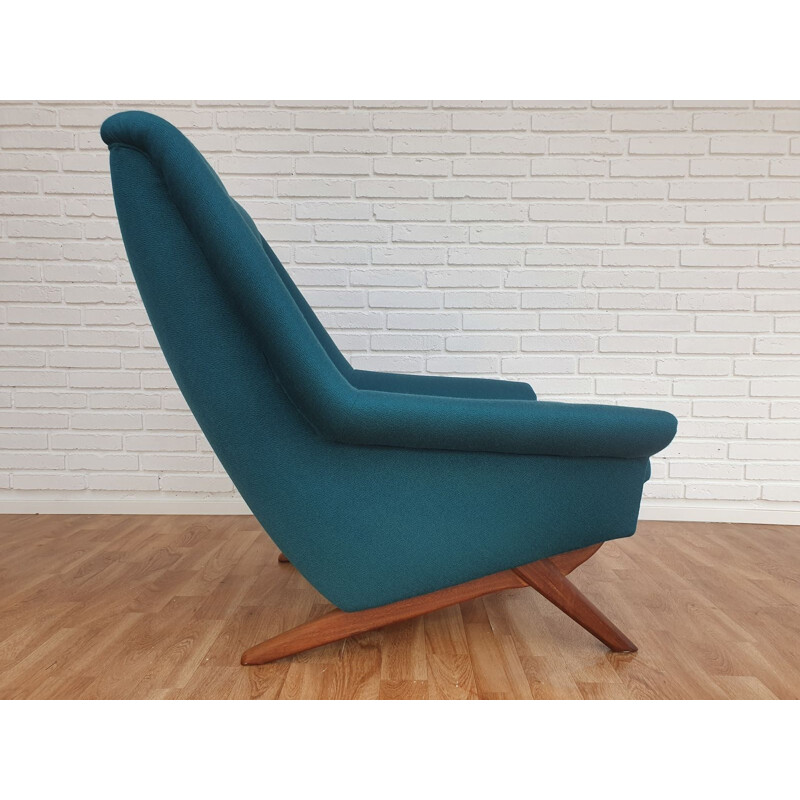 Fauteuil vintage danois et repose-pieds pour MN en laine verte et teck 1970