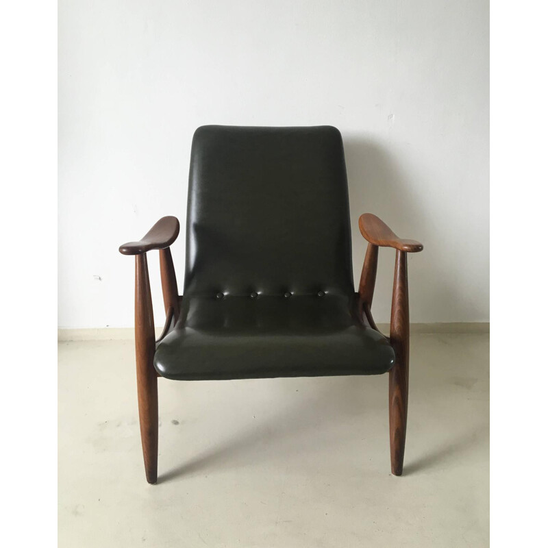 Webe lounge chair in wood and green leatherette, Louis VAN TEEFFELEN - 1960s