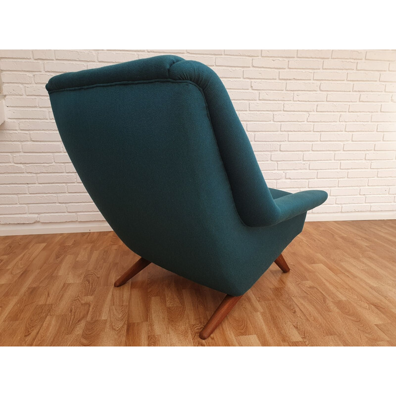 Fauteuil vintage danois et repose-pieds pour MN en laine verte et teck 1970