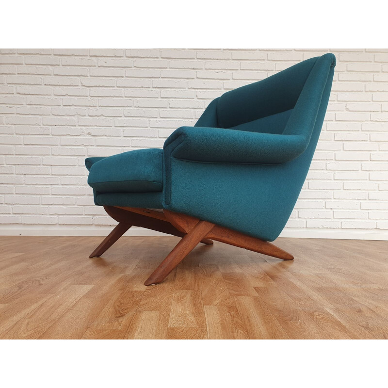 Fauteuil vintage danois et repose-pieds pour MN en laine verte et teck 1970