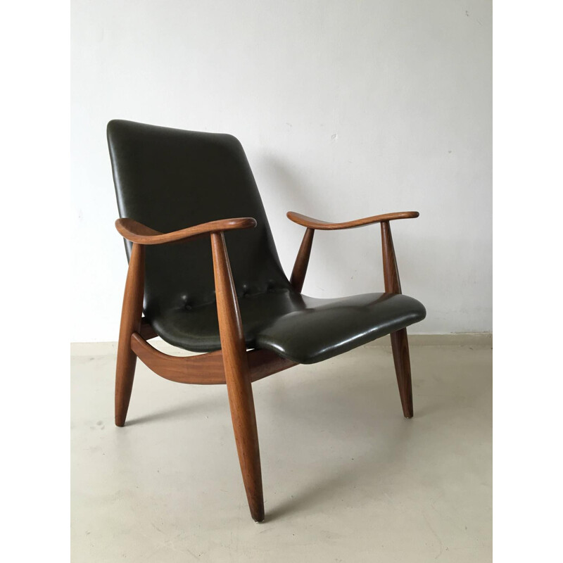 Webe lounge chair in wood and green leatherette, Louis VAN TEEFFELEN - 1960s