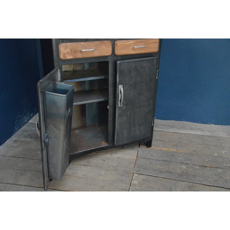 Vintage black cabinet in metal and wood - 1950s