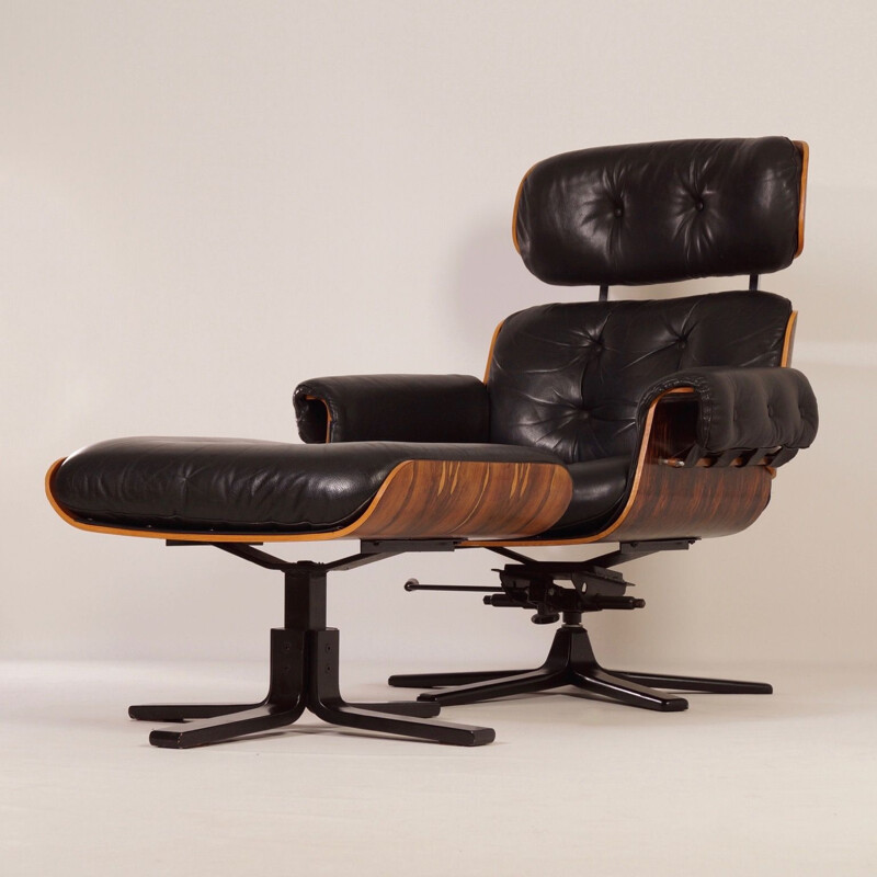 Vintage swivel armchair for Giroflex in black leather and rosewood 1970s