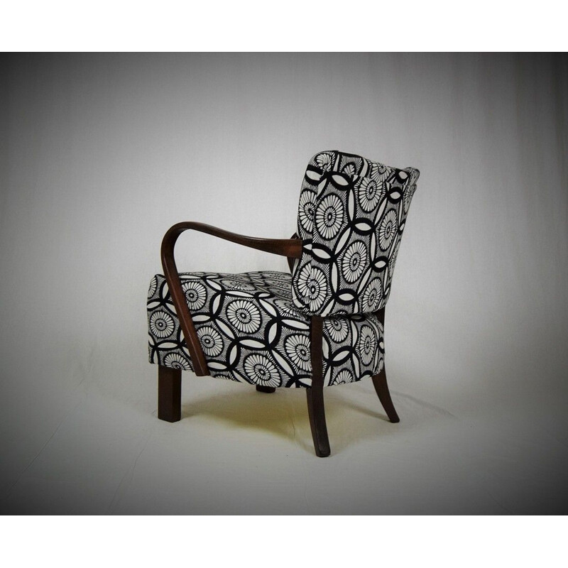 Fauteuil vintage Art Déco pour Thonet en tissu noir blanc et hêtre 1930