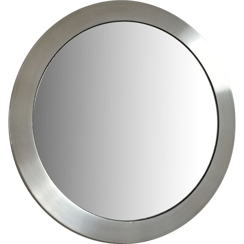 Miroir rond vintage en aluminium brossé, 1970