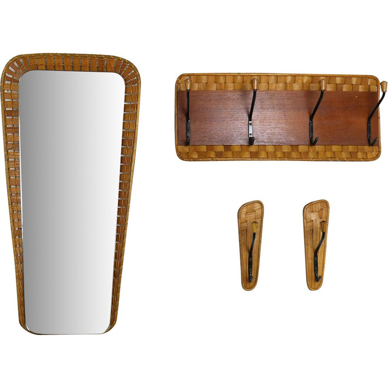 Vintage wardrobe set mirror, coat rack and coat hooks, Germany, 1950s