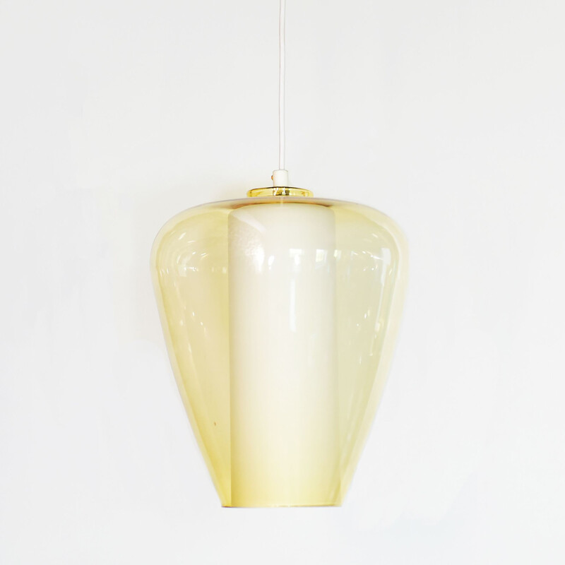 Vintage hanging lamp in yellow and white glass 1960s