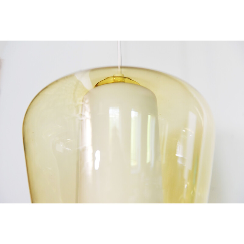 Suspension vintage en verre jaune et blanc des années 60