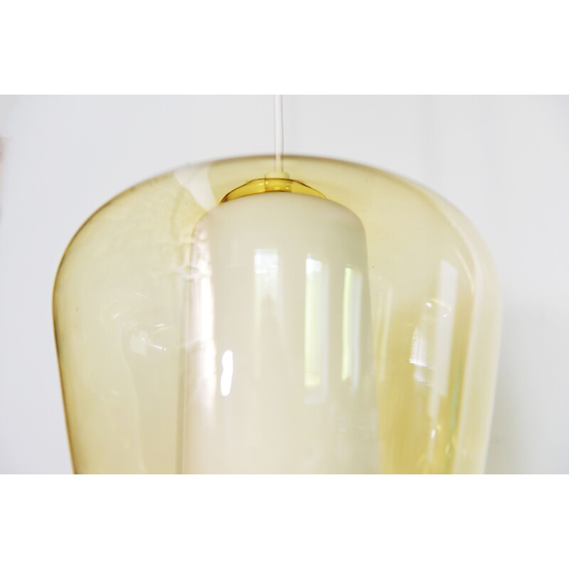 Vintage hanging lamp in yellow and white glass 1960s