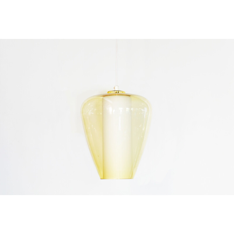 Vintage hanging lamp in yellow and white glass 1960s