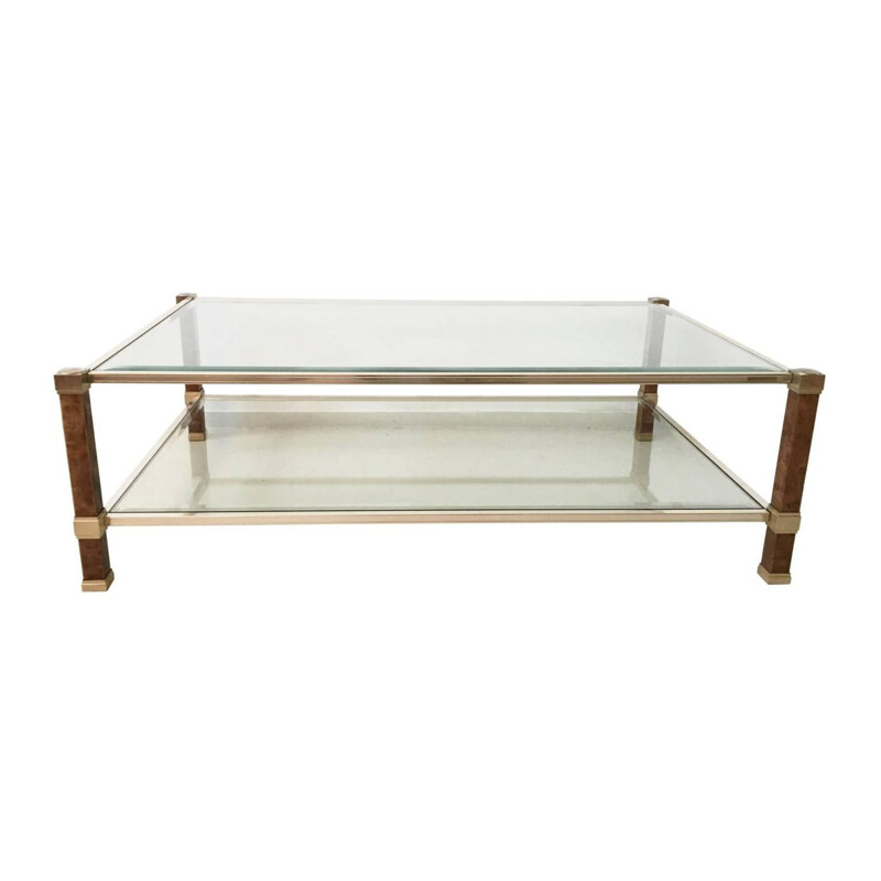 Table basse vintage en érable, laiton et verre, Pierre VANDEL - 1970