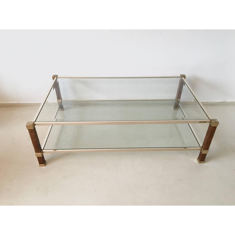 Vintage coffee table in brass, glass and maple, Pierre VANDEL - 1970s