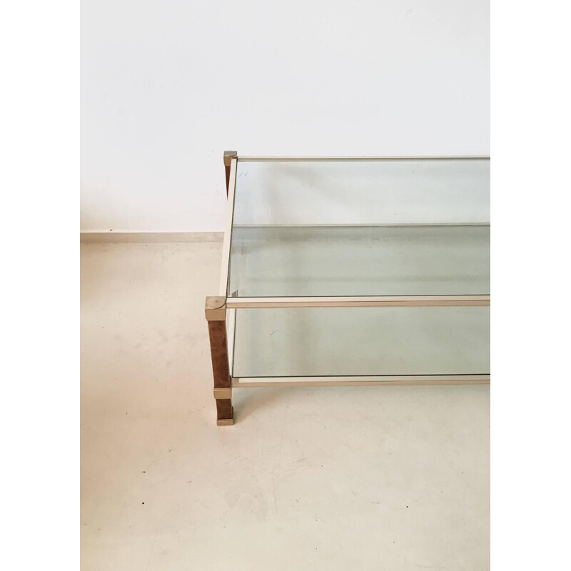 Vintage coffee table in brass, glass and maple, Pierre VANDEL - 1970s