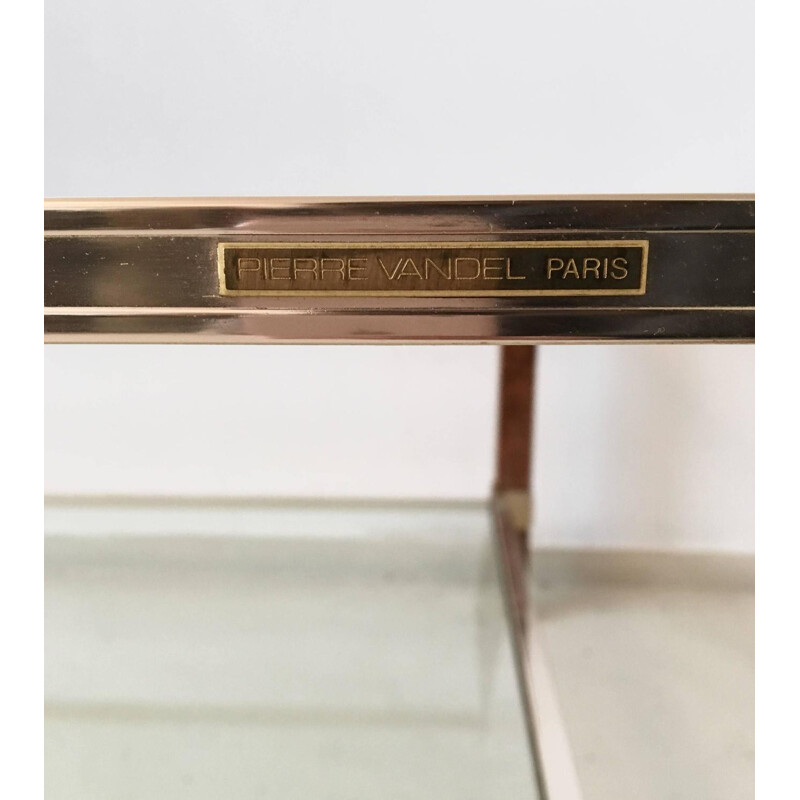 Vintage coffee table in brass, glass and maple, Pierre VANDEL - 1970s