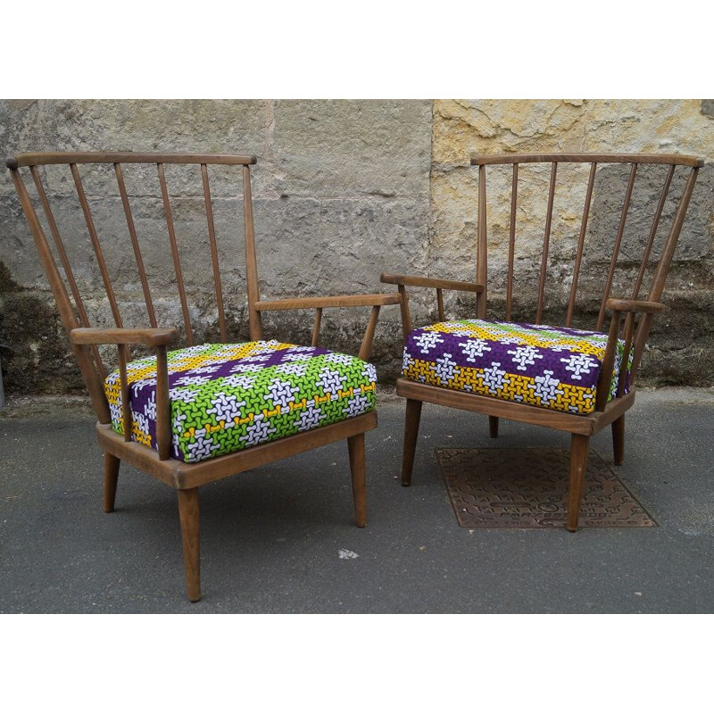 Paire de fauteuils Baumann vintage en bois et tissu