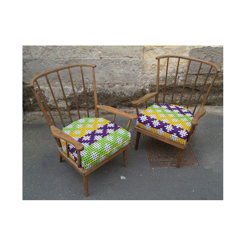 Pair of vintage Baumann armchairs in wood and fabric